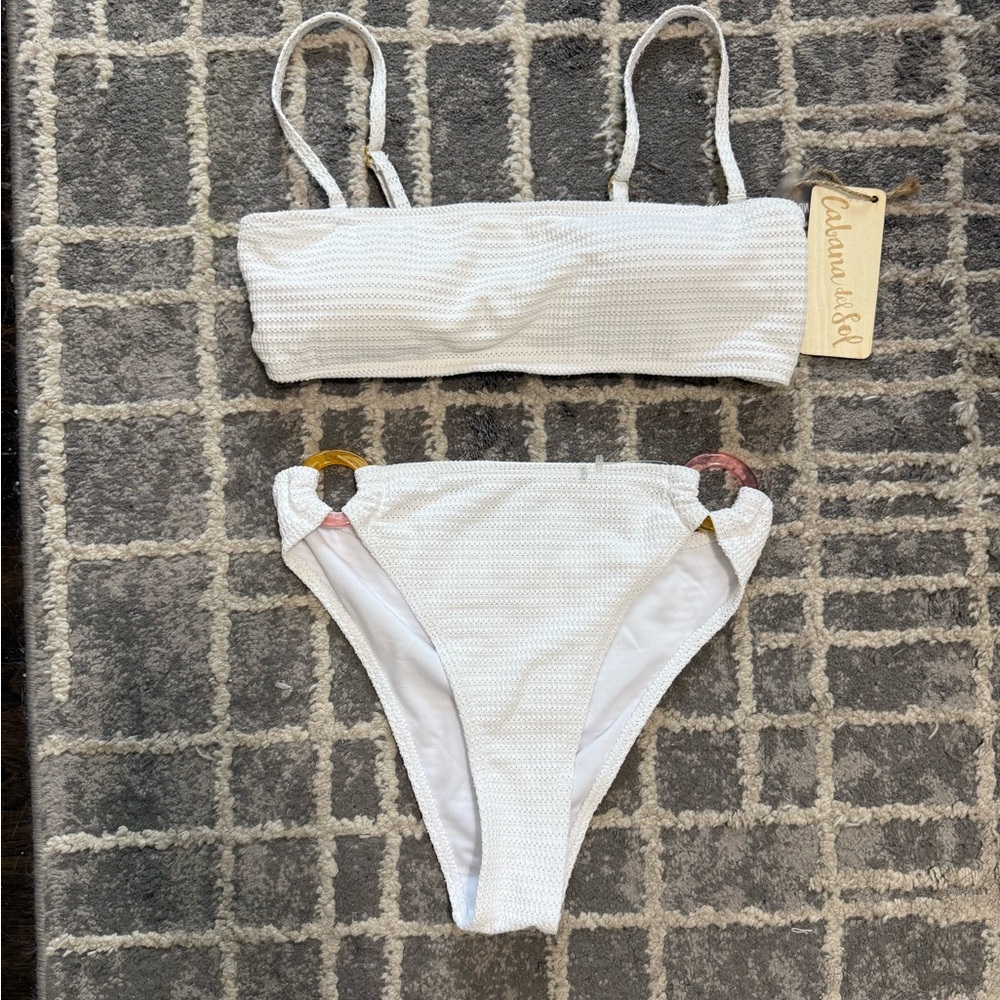 Cabana del‎ Sol Bikini Set Bandeau Top High Cut Bottoms White  NWT